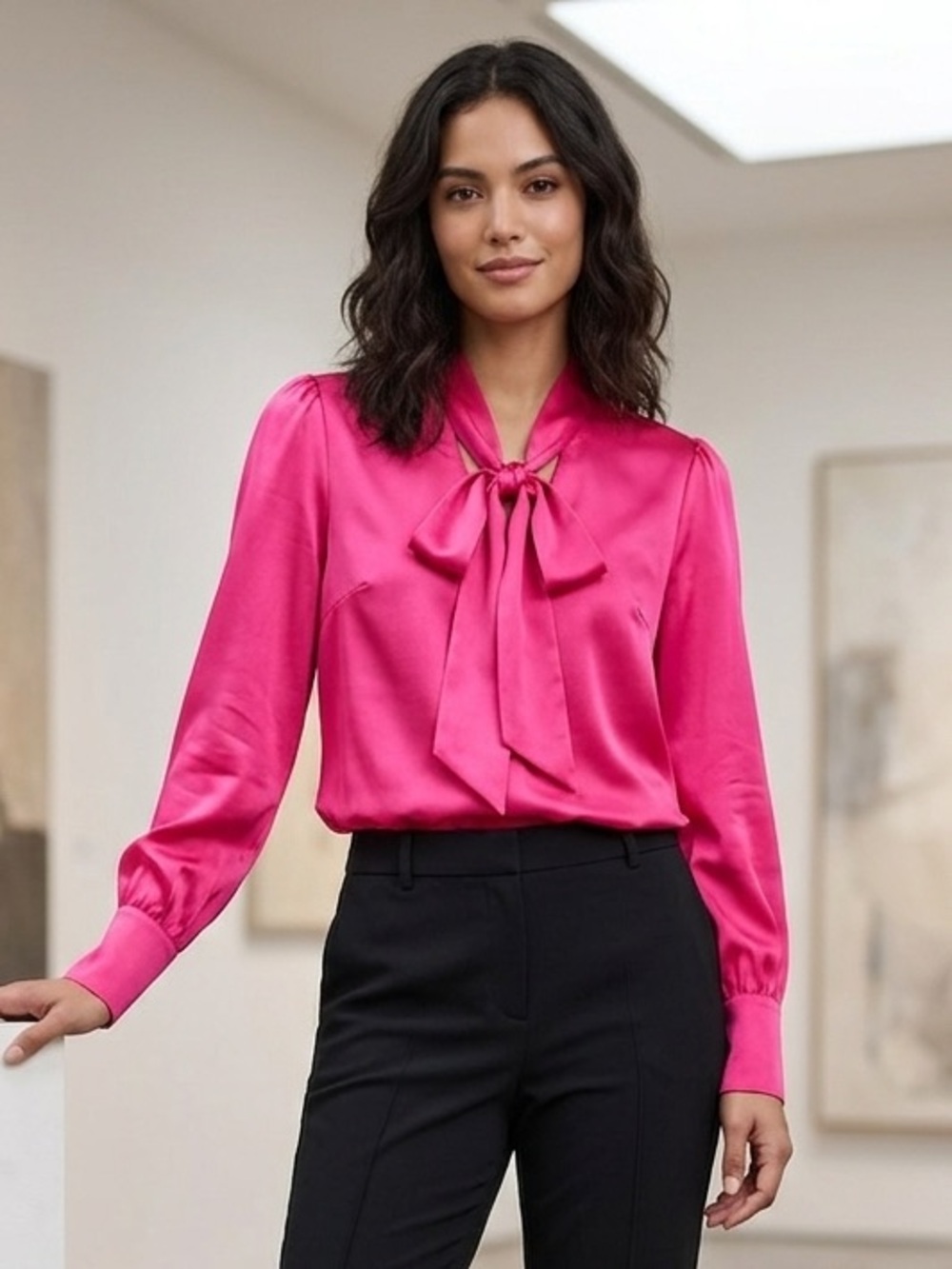 Kut From The Kloth Pink Satin Tie-Neck Blouse
